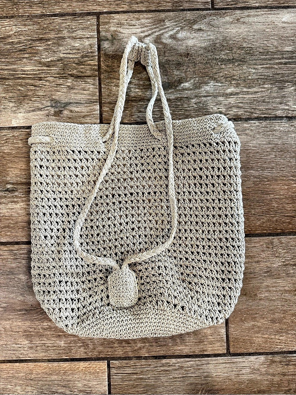 Crochet Tote Bag in Beige